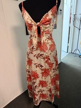 Tie-Front Floral Midi Dress in Cream and Coral